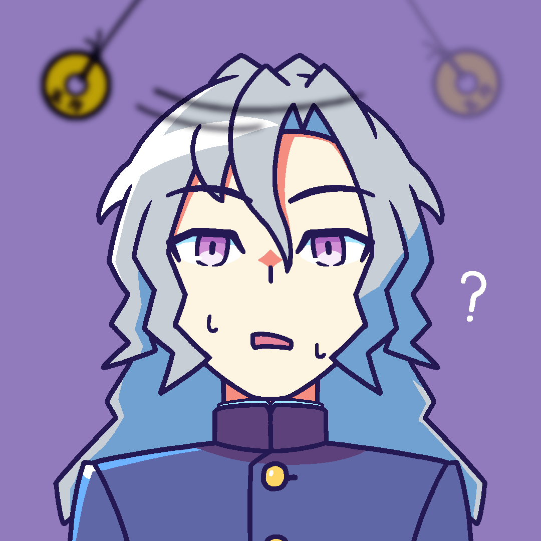 紫色の背景に、長めの銀髪と紫色の目を持つキャラクター(柊シロウ)が描かれている。柊シロウは詰襟を着ており、困惑した表情を浮かべている。柊シロウの顔の前には五円玉で作られた振り子が揺れている。