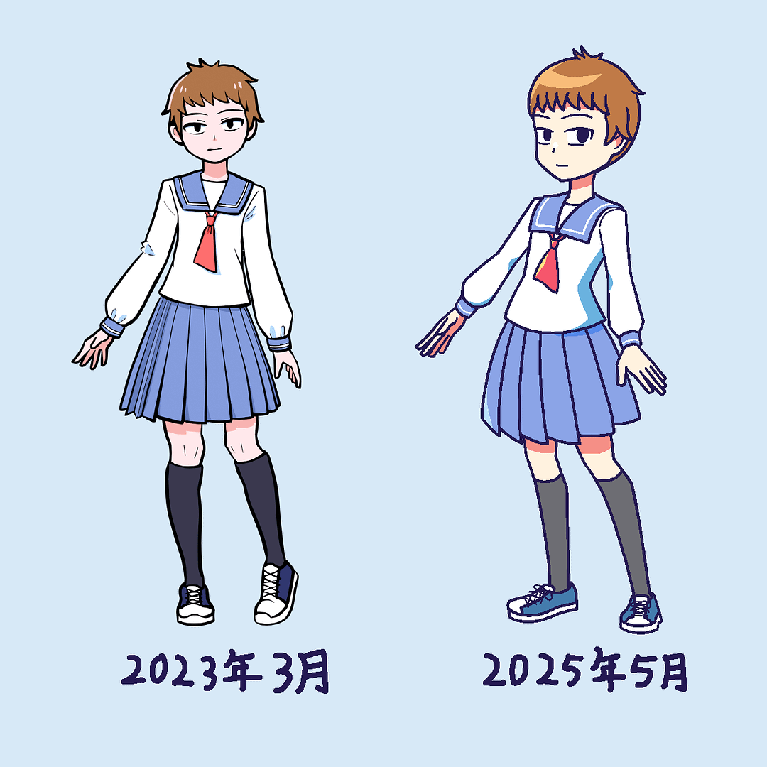 オリジナルキャラクター『相川佐代』の絵柄を比較したイラスト。左側は『2023年3月』と記されており、ややリアル寄りの頭身で、短髪でセーラー服を着たキャラクターが正面を向いて立っている。右側は『2025年5月』と記されており、同じキャラクターが4.5頭身になり、少し横向きの姿勢で描かれている。両方とも青系のセーラー服に赤いスカーフ、紺のハイソックス、スニーカーを着用している。背景は水色で統一されている。