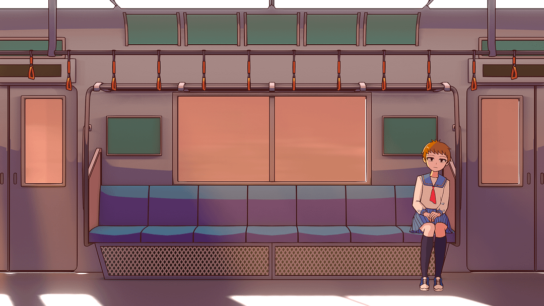 夕方の電車内。一番端の席にセーラー服を着た女の子が無表情で座っている。