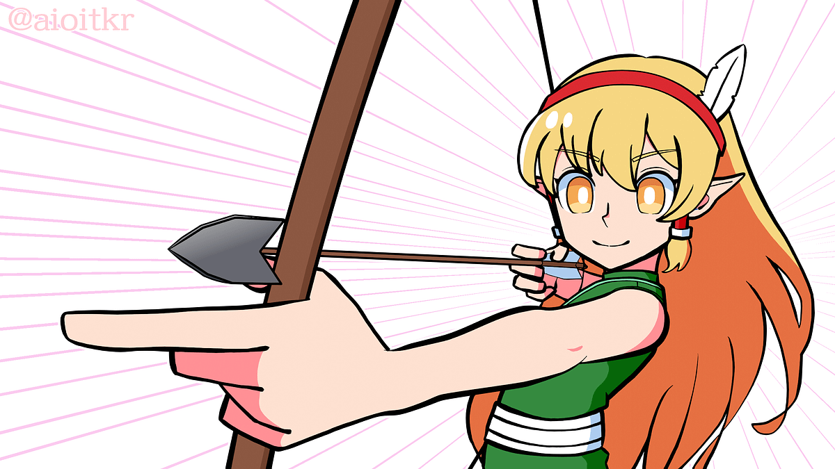 金髪長髪の女エルフ「ヘレン」が、弓を引いて構えているあイラスト