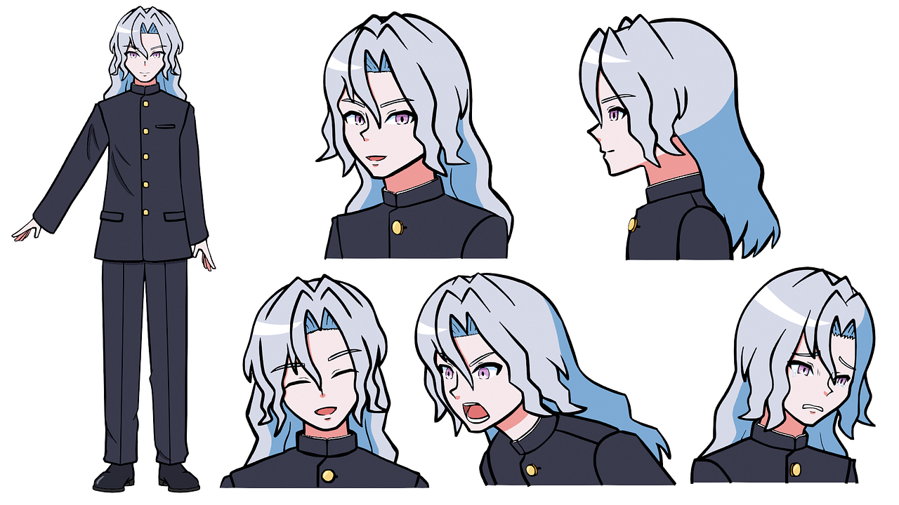 銀髪で詰襟をきた男子高校生の立ち絵と、さまざまな表情が描かれているイラスト