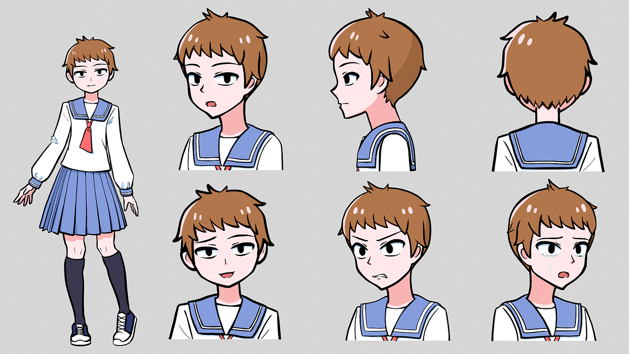 ベリーショートの茶髪でセーラー服をきた女子高校生の立ち絵と、さまざまな表情が描かれているイラスト