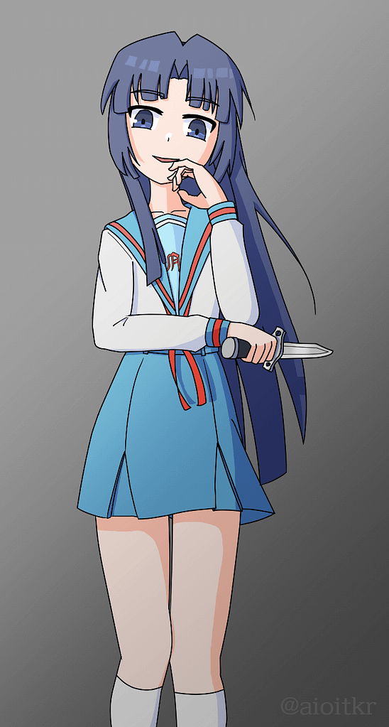 朝倉涼子が右手にナイフをもってこちらに微笑みかけている