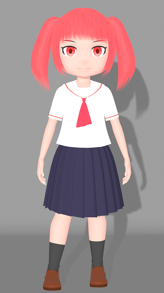 セーラー服を着た赤髪ツインテールの女の子が立っているところを正面から映した3DCG