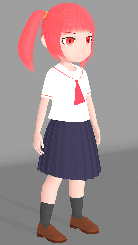 セーラー服を着た赤髪ツインテールの女の子が立っているところを斜めから映した3DCG