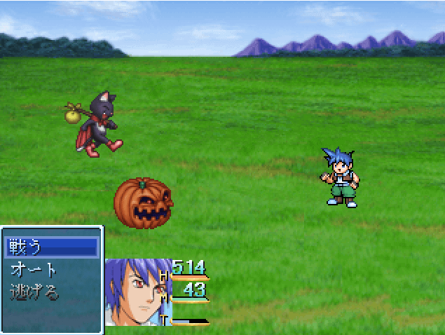 RPGツクール2003で、ジャック・オー・ランタンとケットシーが戦闘画面に映っているシーンのスクリーンショット