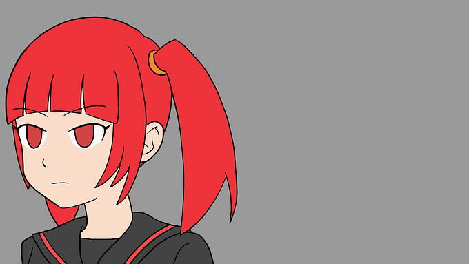 赤髪ツインテールで黒いセーラー服を着た女の子が、左を向いている状態から右に向かって振り返る1秒の動画