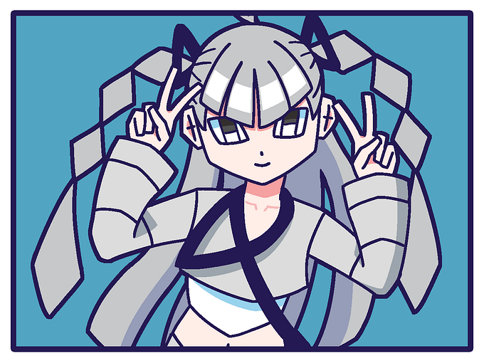 水色の背景に、灰色の長い髪とおさげを持つキャラクターの4コマ子が描かれている。4コマ子はへそを出した長袖の衣装を着ている。両手でピースサインをしながら微笑んでいる。