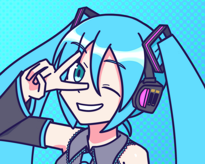 笑顔でウィンクしてピースしている初音ミク