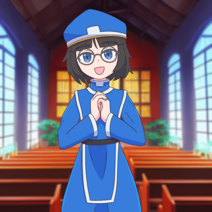 青い服と帽子、そして眼鏡を付けた黒髪の僧侶が、胸の前で手を合わせてこちらを見ている
