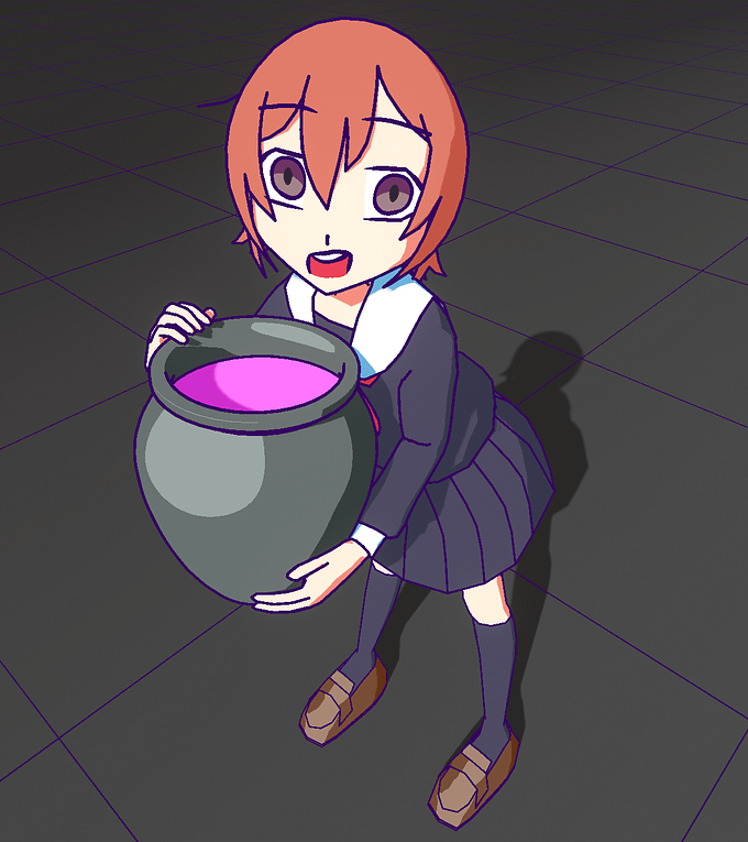 黒いセーラー服を着た女の子が、ピンク色の液体が入った壺を持ってこちらを見ている。