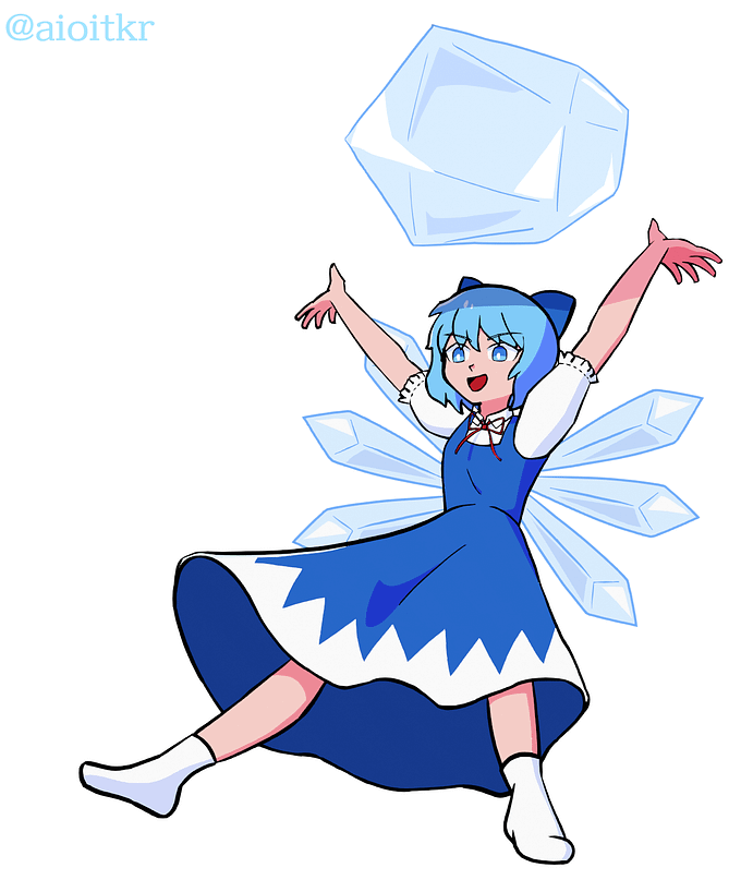 チルノが浮かびながら両手を上げて、巨大な氷を頭上に浮かしている。
