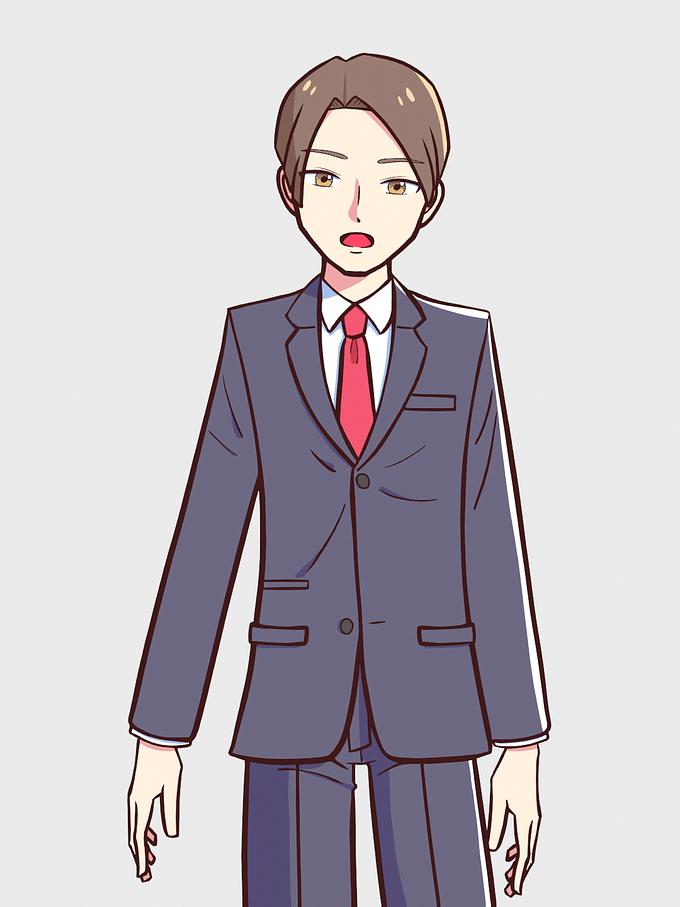 ポートピア連続殺人事件のキャラクターのヤスを描いたイラスト。後ろは白に近い灰色一色に塗られている。