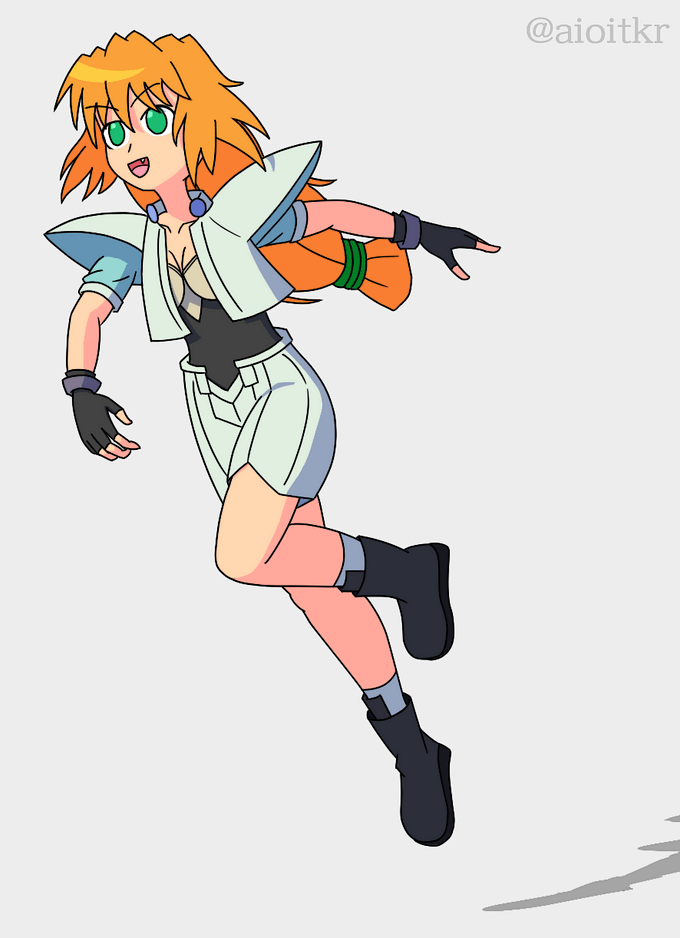 エクセル・サーガという作品の主人公エクセルが、左上に向かって飛ぶように笑顔で走っている