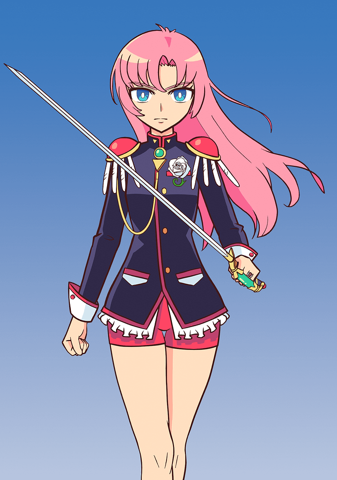 決闘服を着た天上ウテナが、ディオスの剣を左手に構えてこちらと対峙しているイラスト