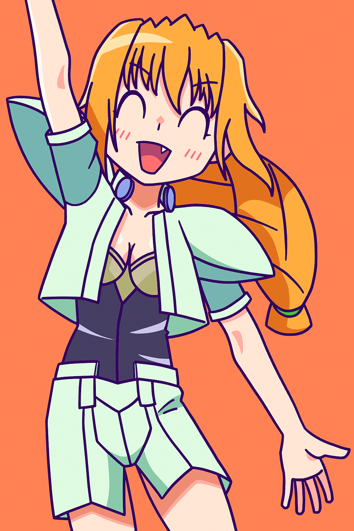 オレンジ髪で後ろ髪を一本の三つ編みにしている女の子、エクセルが笑顔で右腕を上げている。
