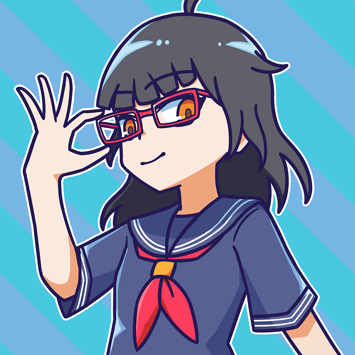 黒い髪をしたセーラー服姿のキャラクター、宮道京華が描かれている。宮道京華は赤いメガネを指で持ち上げ、少し得意げな表情でこちらを見つめている。背景は明るい水色の斜めストライプ模様。