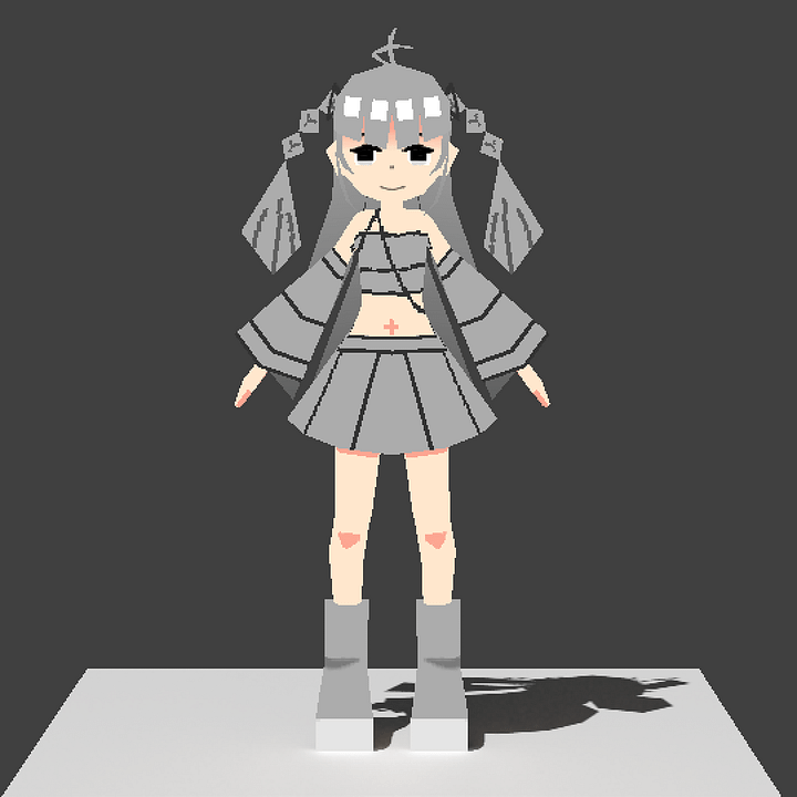 灰色の衣装を着た少女のキャラクター「4コマ子」が正面を向いて立っている。