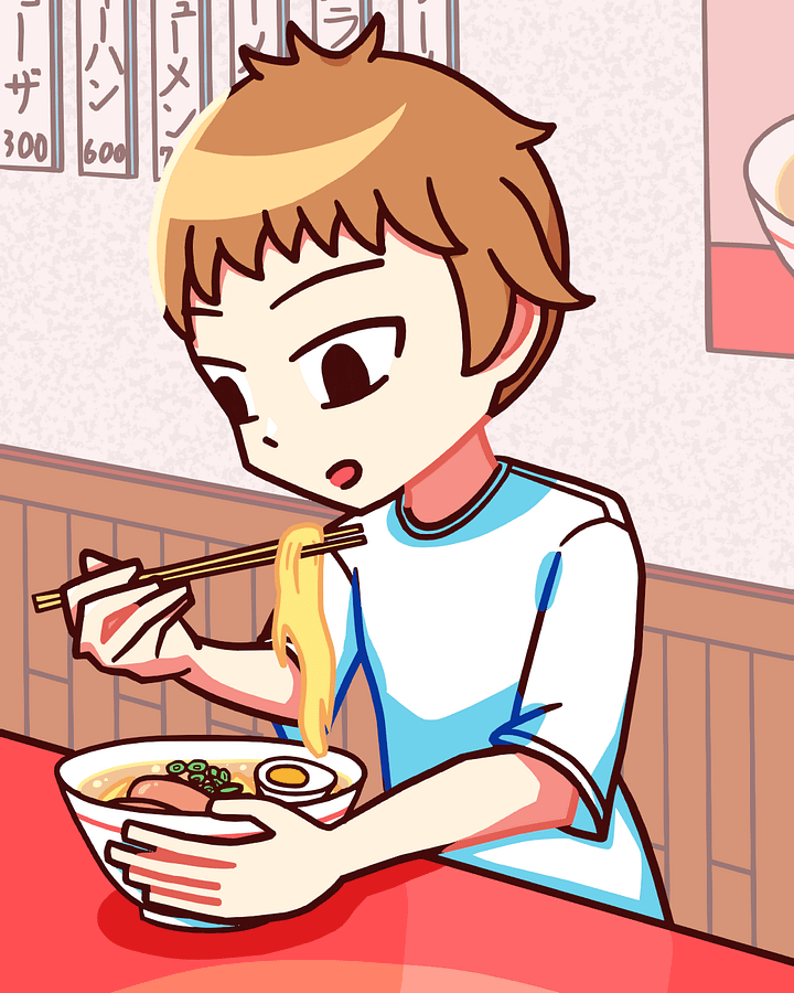 店内のカウンター席でベリーショートヘアの女の子の佐代がラーメンを食べている。