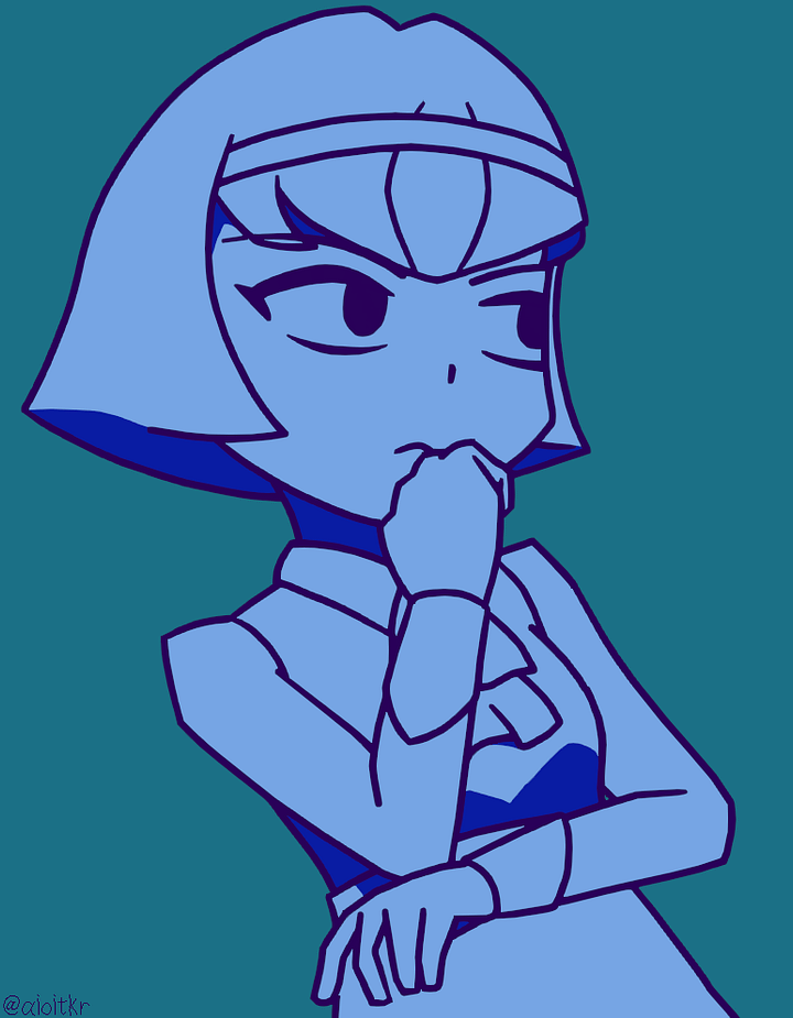 アニメ「THE ビッグオー」のドロシーが、濃淡の異なるブルーのワントーンで描かれている。キャラクターは右向きで、片手を顎に添えて思案にふけるような、クールで落ち着いた表情をしている。背景は暗い青緑色の無地で、左下には「@aioitkr」のサインがある。