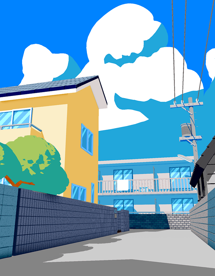強い日差しが照りつける、真夏の住宅街の風景。輪郭線がないセルルックで描かれている。手前には2階建ての住宅が、その奥には2階建てアパートや電柱、電線が見える。画面奥には大きい入道雲が青空に浮かんでいる。