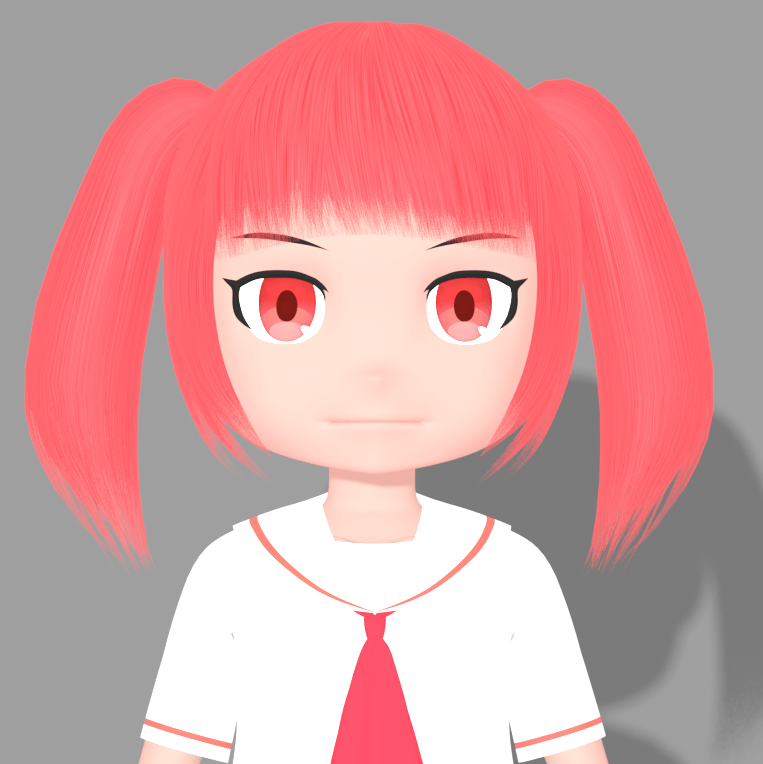 セーラー服を着た赤髪ツインテールの女の子が立っているところを正面からバストアップで映した3DCG