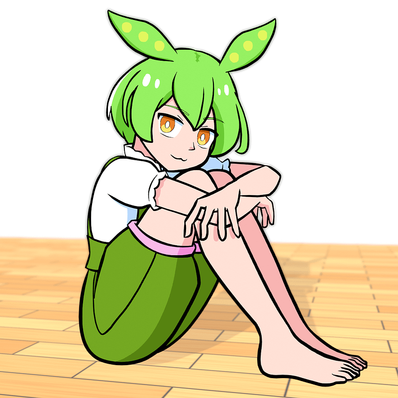 フローリングの床の上に体育座りで座り、少しだけ目を閉じて微笑みながらこちらを見るずんだもん