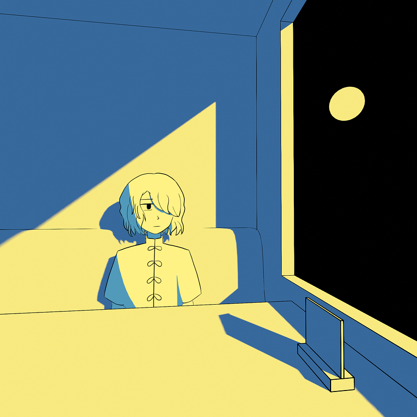 ファミレスの窓際の席に座っているセロニカが、外を見ているイラスト