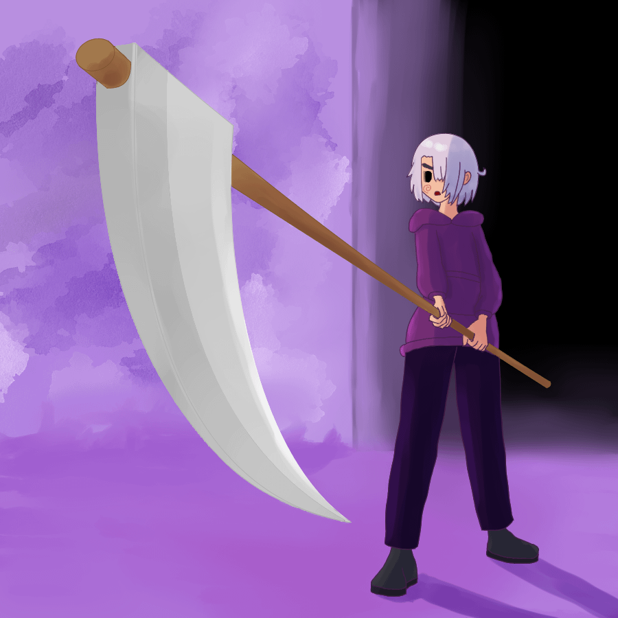 Grimm's Hollowの主人公Lavenderが鎌を構えて立っている